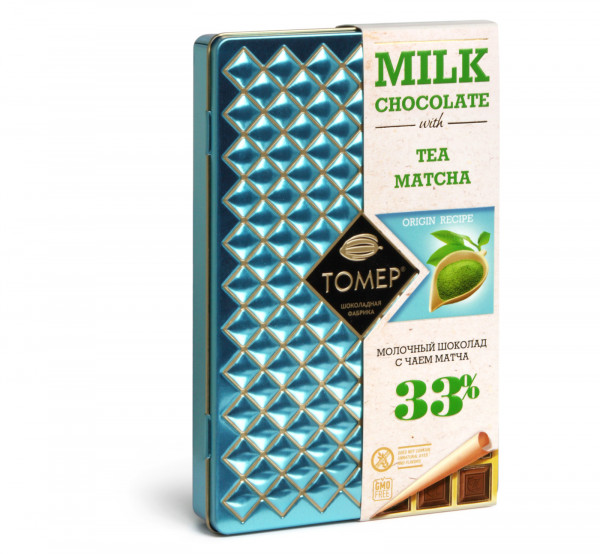 №1 Фабрика Томер металлический бокс Молочный шоколад с чаем МАТЧА ,33%  90г в Минусинске