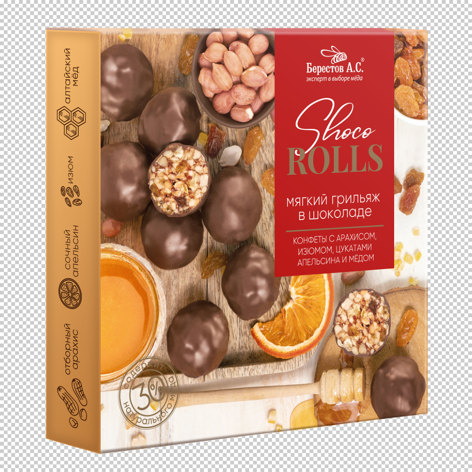  Берестов Shoco Rolls конфеты с арахисом, изюмом, цукатами апельсина и медом,  135г в Минусинске